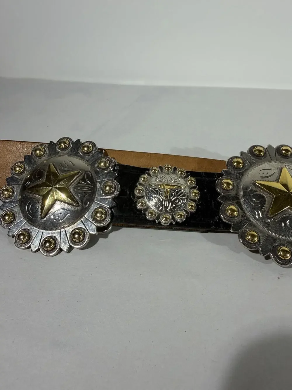 Cowboy Decor Western Concho Belt Leather Metal Cowgirl Rodeo Size 34 Womens